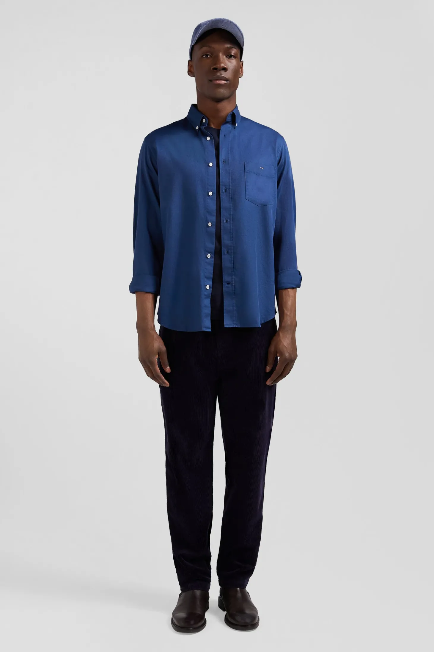Regular plain blue piqué cotton shirt