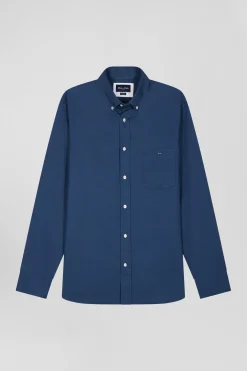 Regular plain blue piqué cotton shirt