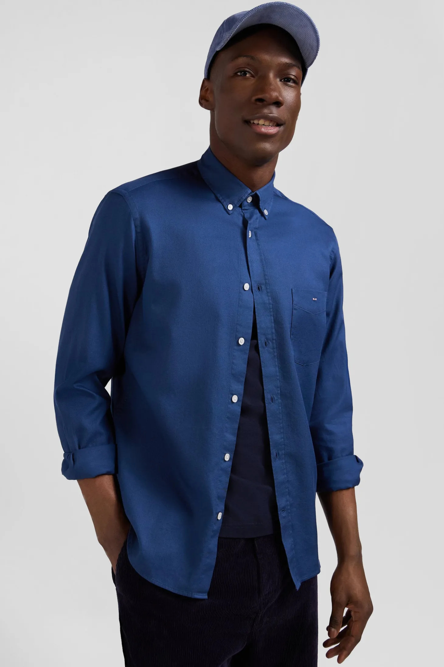 Regular plain blue piqué cotton shirt