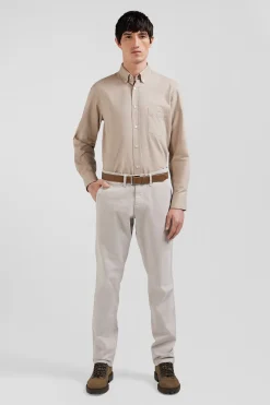 Regular plain brown cotton twill shirt with button-down collar