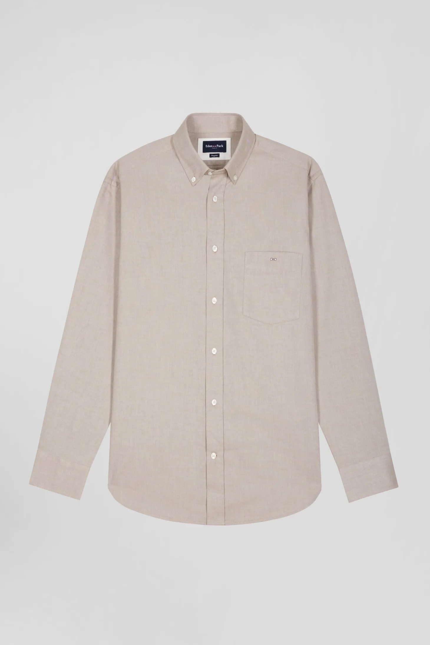 Regular plain brown cotton twill shirt with button-down collar