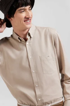 Regular plain brown cotton twill shirt with button-down collar