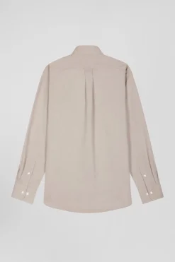 Regular plain brown cotton twill shirt with button-down collar