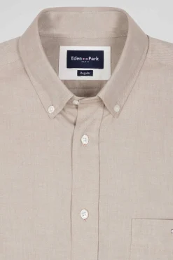 Regular plain brown cotton twill shirt with button-down collar