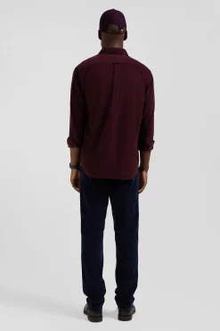 Regular plain burgundy cotton shirt with button-down collar and chest pocket