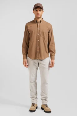 Regular plain camel cotton shirt with button-down collar and chest pocket