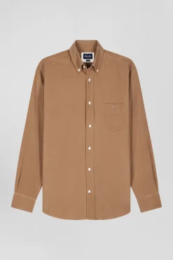 Regular plain camel cotton shirt with button-down collar and chest pocket