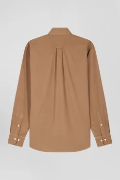 Regular plain camel cotton shirt with button-down collar and chest pocket