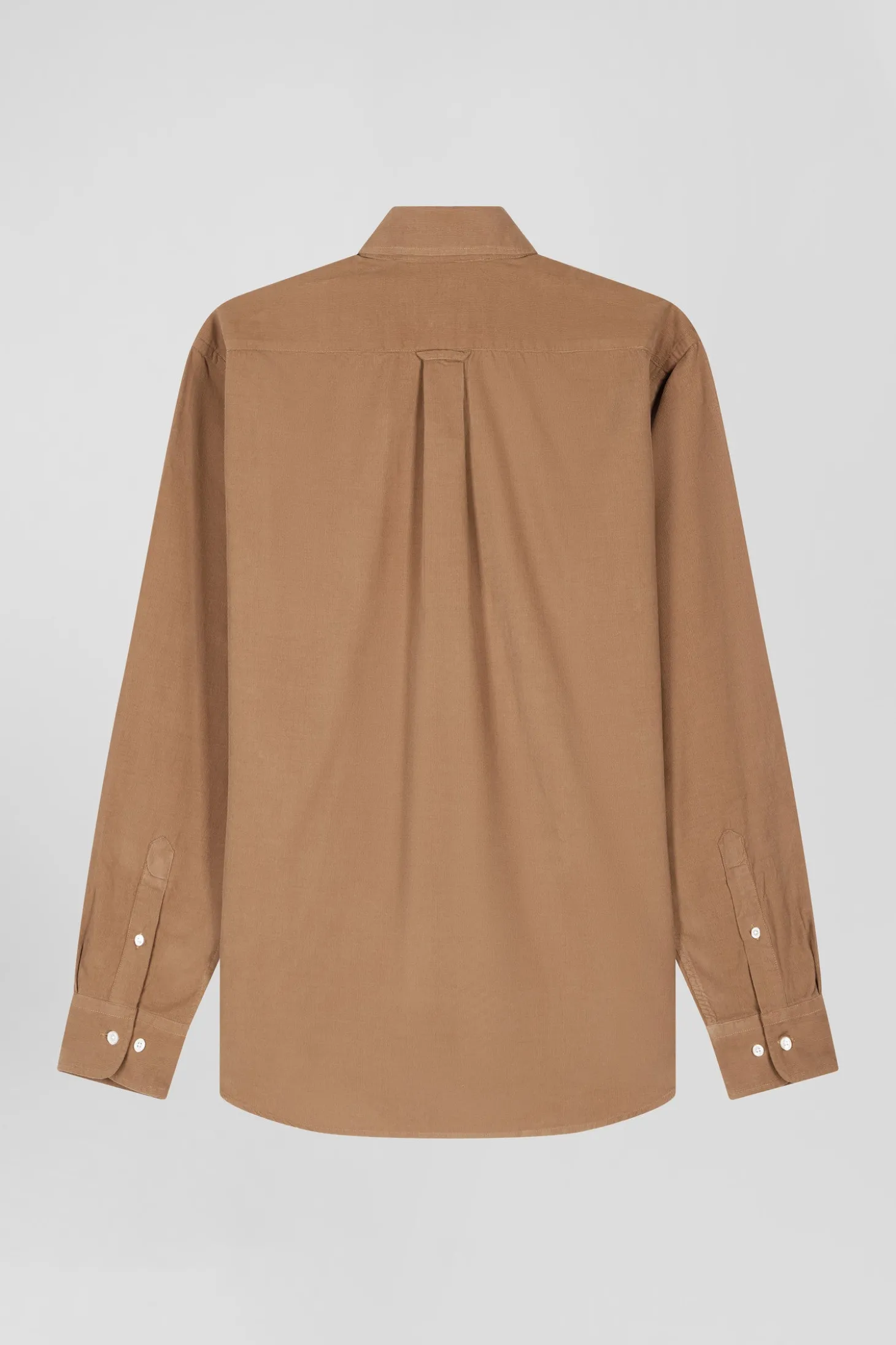 Regular plain camel cotton shirt with button-down collar and chest pocket