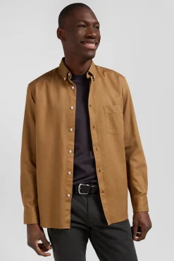 Regular plain camel piqué cotton shirt