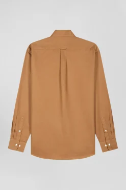Regular plain camel piqué cotton shirt