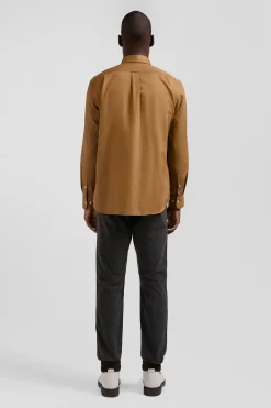 Regular plain camel piqué cotton shirt