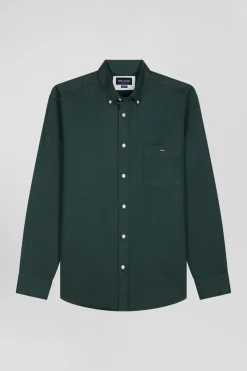 Regular plain green piqué cotton shirt