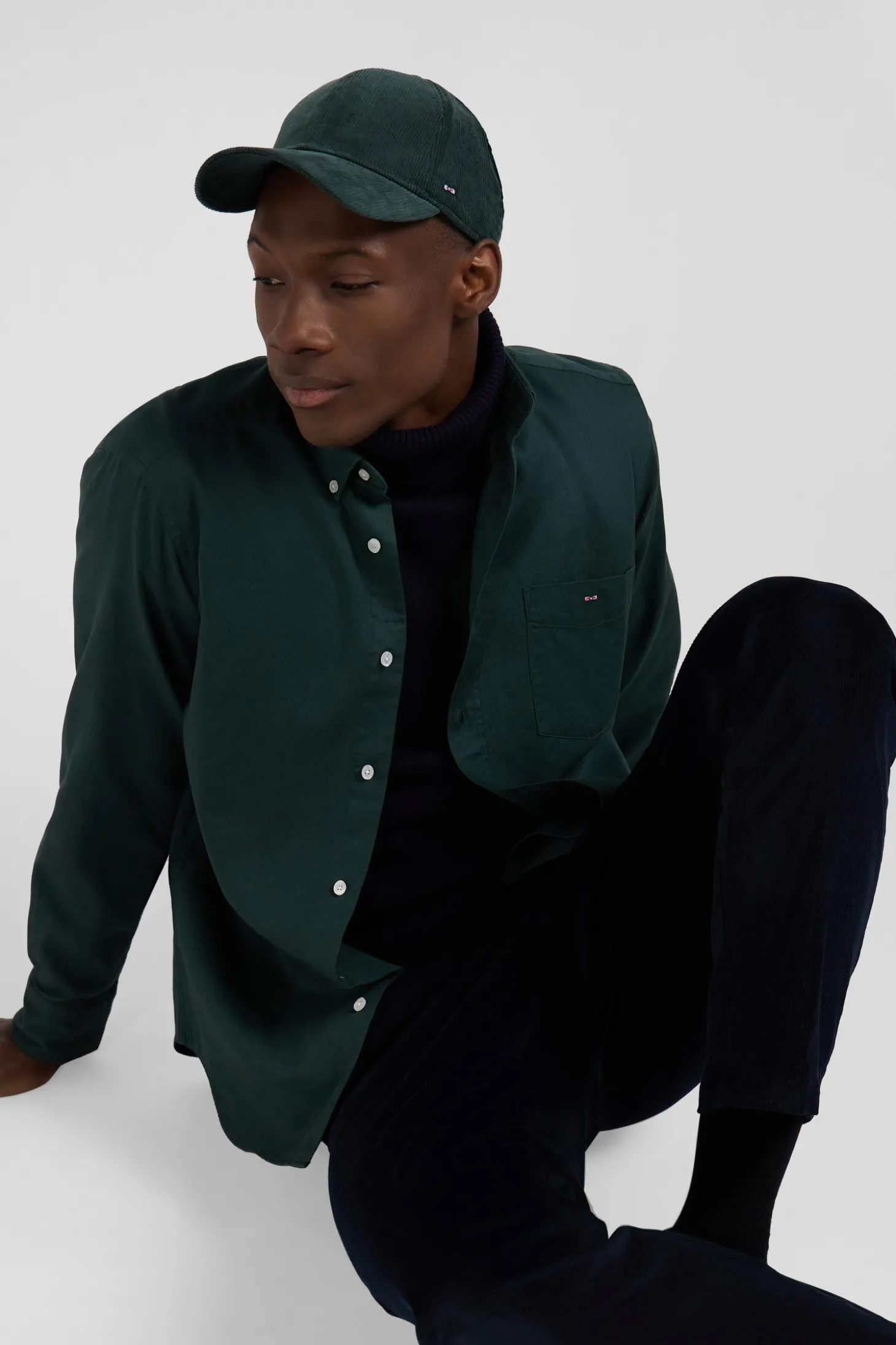 Regular plain green piqué cotton shirt