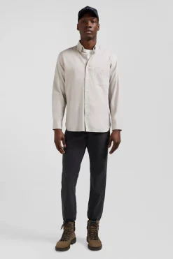 Regular plain grey cotton twill shirt with button-down collar