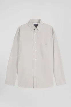 Regular plain grey cotton twill shirt with button-down collar