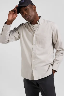 Regular plain grey cotton twill shirt with button-down collar