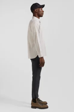 Regular plain grey cotton twill shirt with button-down collar