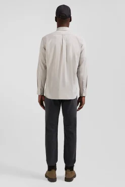 Regular plain grey cotton twill shirt with button-down collar