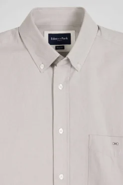 Regular plain grey cotton twill shirt with button-down collar