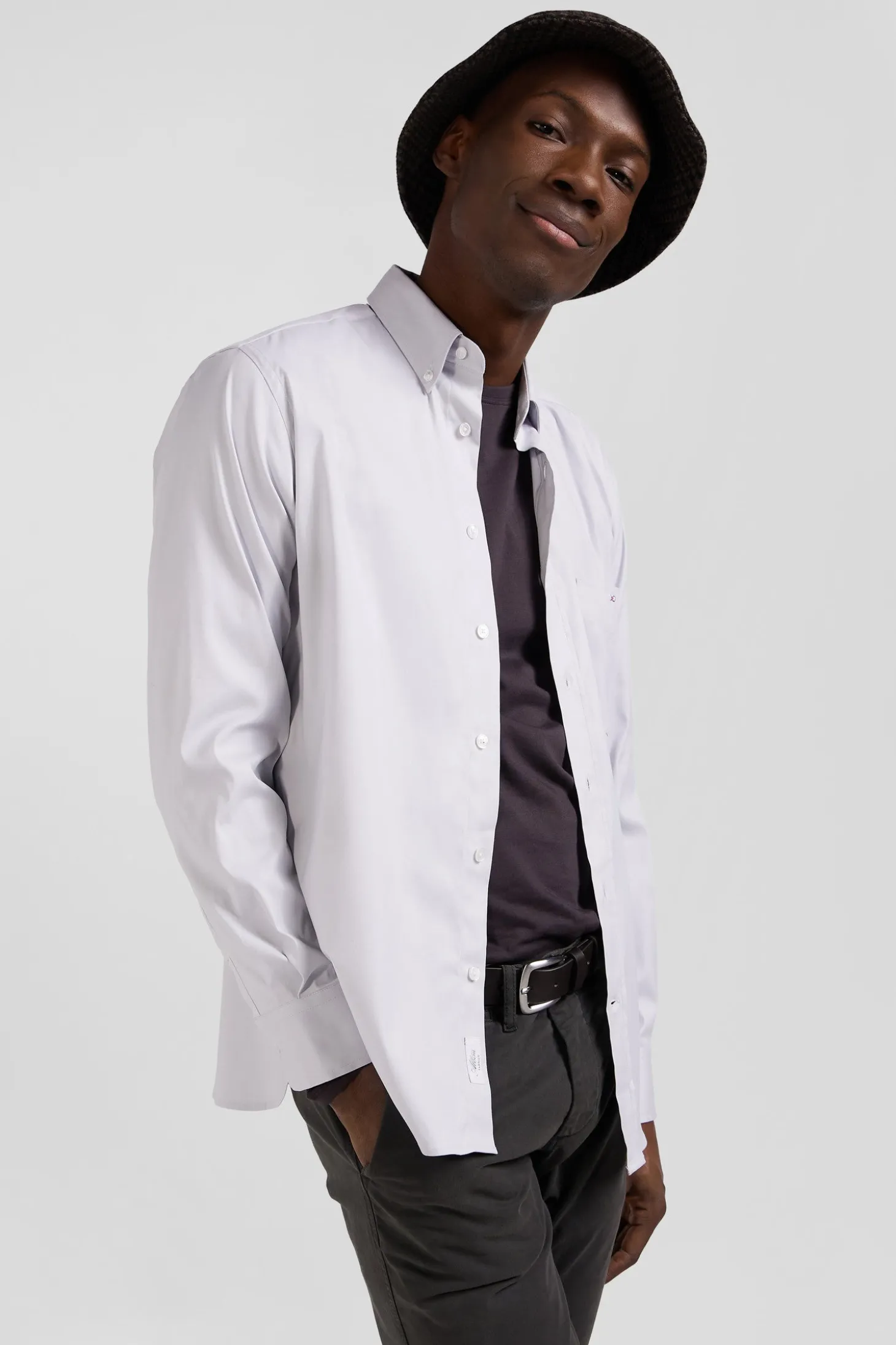 Regular plain grey mixed stretch cotton shirt
