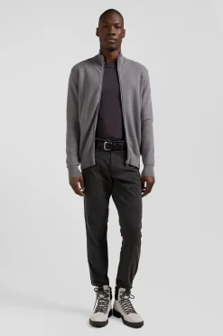Regular plain mottled grey cotton high collar zipped cardigan