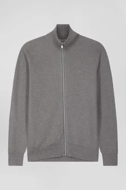 Regular plain mottled grey cotton high collar zipped cardigan
