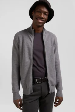 Regular plain mottled grey cotton high collar zipped cardigan