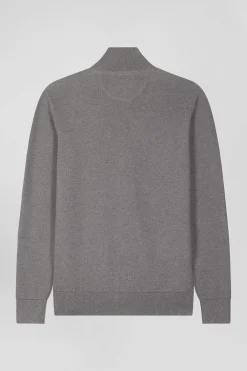 Regular plain mottled grey cotton high collar zipped cardigan