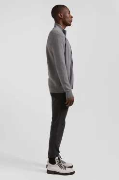 Regular plain mottled grey cotton high collar zipped cardigan