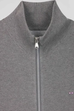 Regular plain mottled grey cotton high collar zipped cardigan