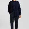 Regular plain navy blue cotton shirt with button-down collar and chest pocket