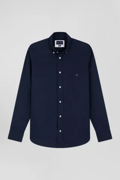 Regular plain navy blue cotton poplin shirt