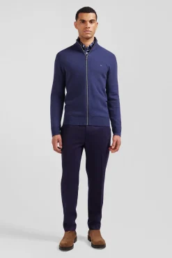 Regular plain navy blue cotton high collar zipped cardigan