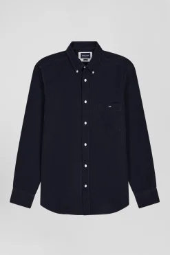 Regular plain navy blue cotton shirt with button-down collar and chest pocket