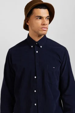 Regular plain navy blue cotton shirt with button-down collar and chest pocket