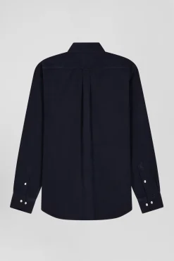 Regular plain navy blue cotton shirt with button-down collar and chest pocket