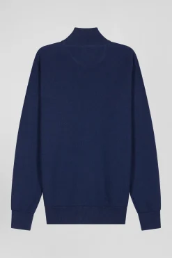 Regular plain navy blue cotton high collar zipped cardigan