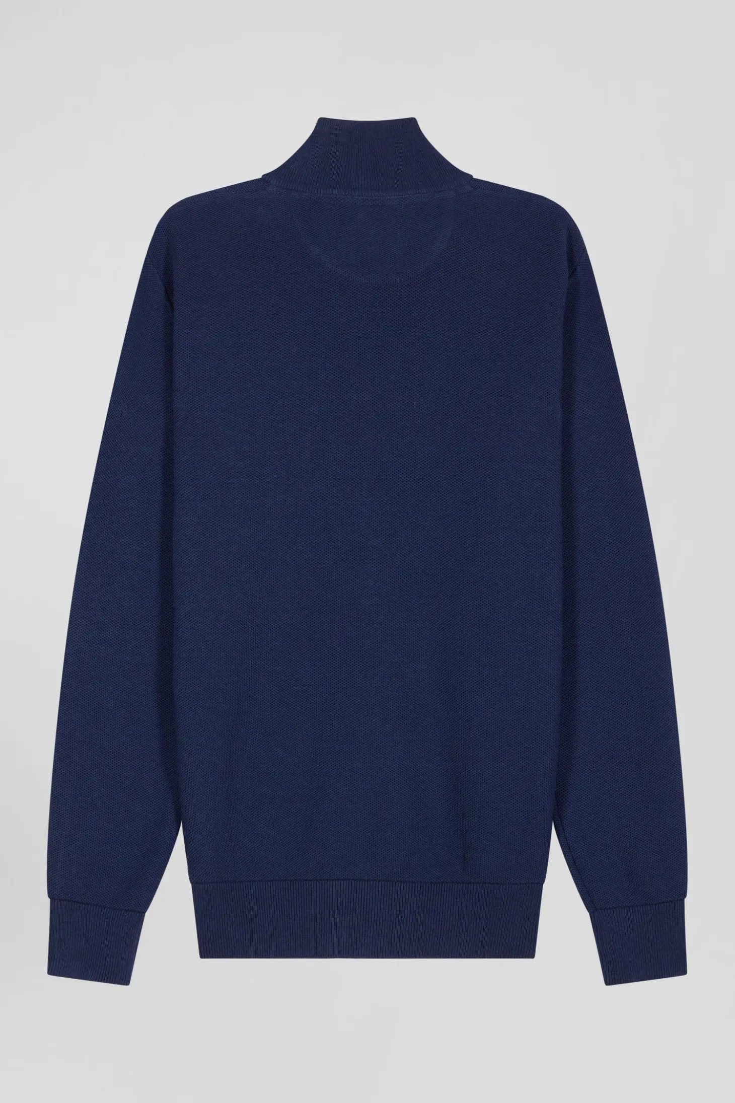 Regular plain navy blue cotton high collar zipped cardigan