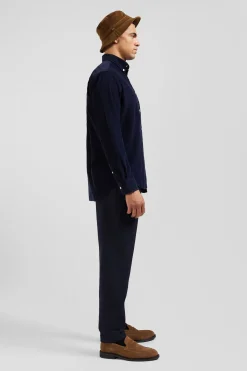 Regular plain navy blue cotton shirt with button-down collar and chest pocket
