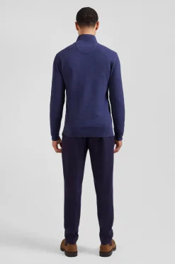 Regular plain navy blue cotton high collar zipped cardigan