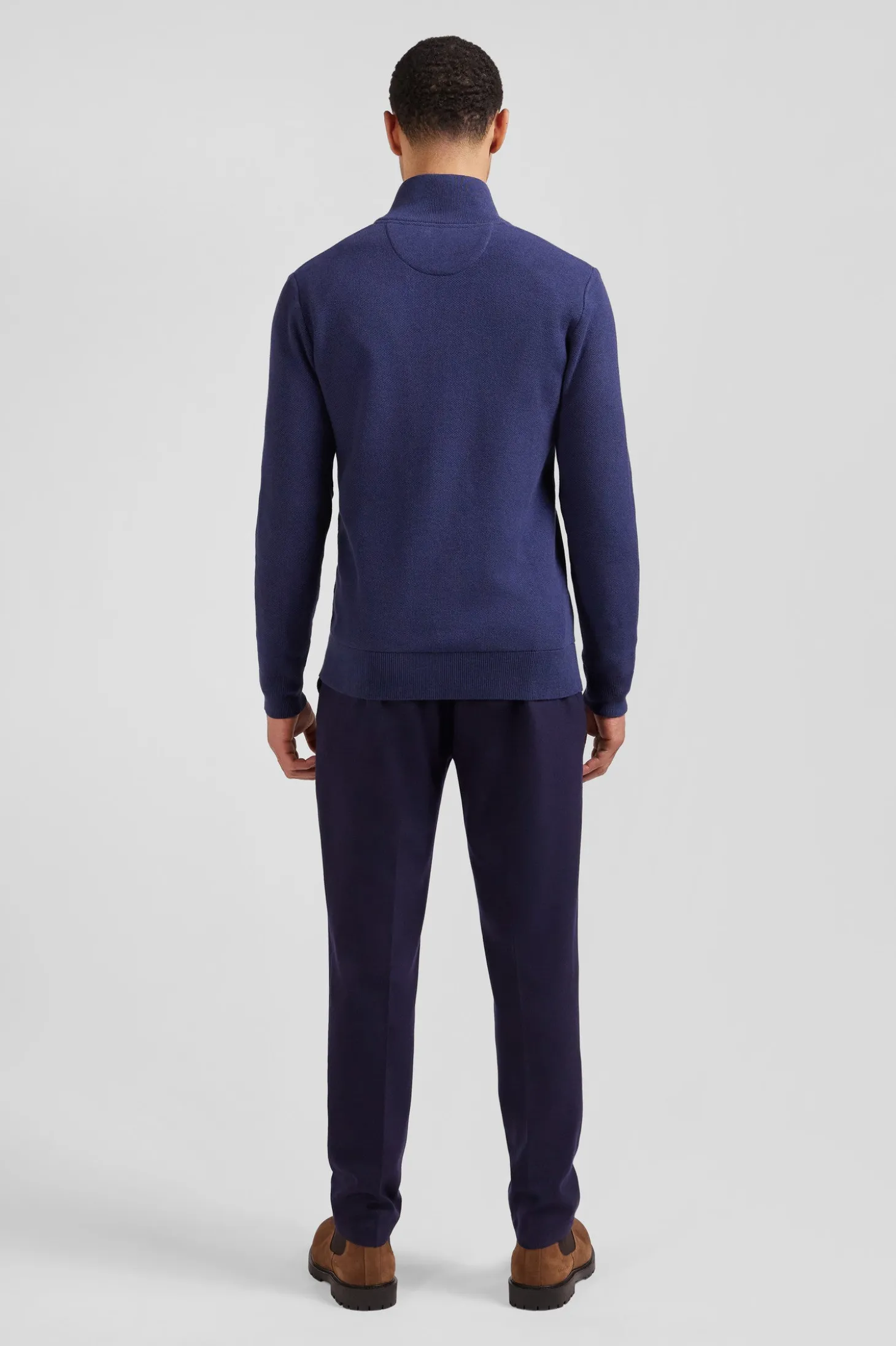 Regular plain navy blue cotton high collar zipped cardigan
