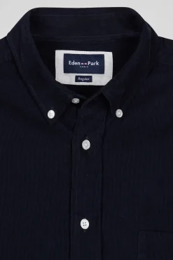 Regular plain navy blue cotton shirt with button-down collar and chest pocket