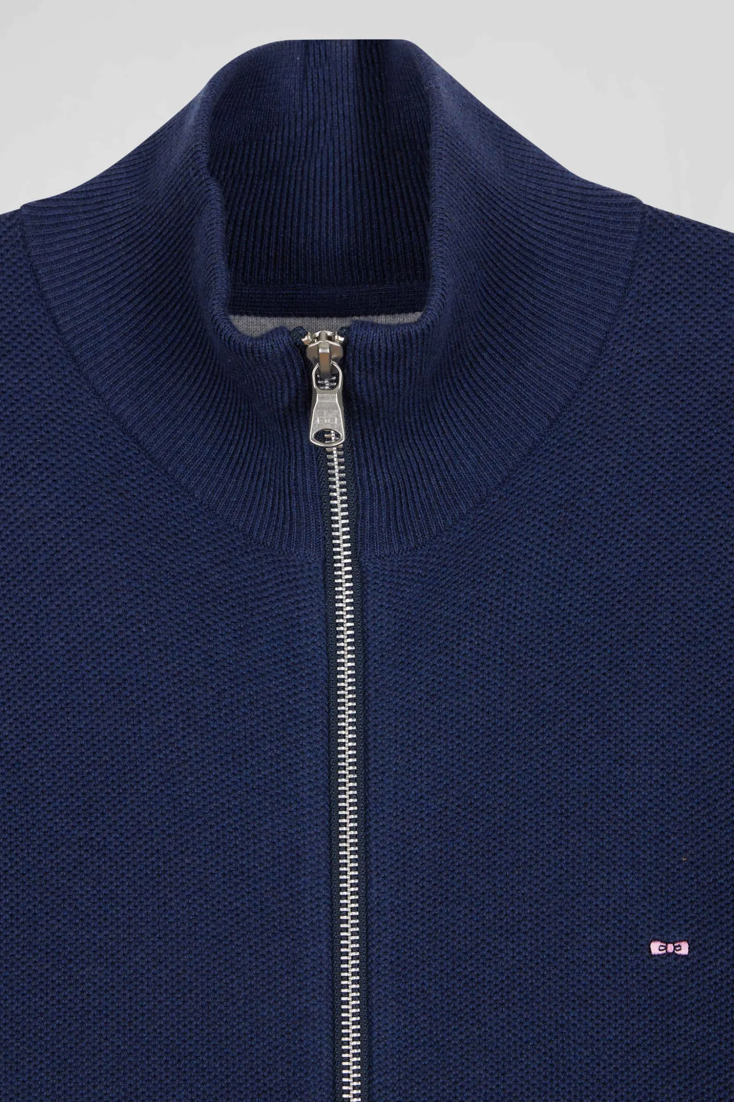 Regular plain navy blue cotton high collar zipped cardigan