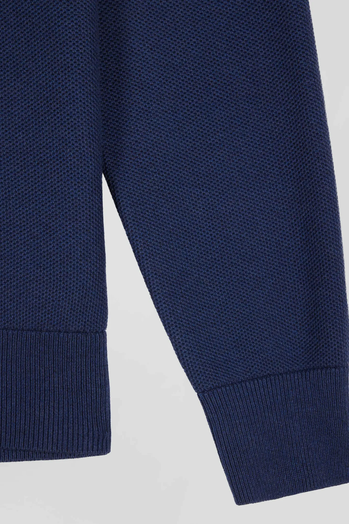 Regular plain navy blue cotton high collar zipped cardigan
