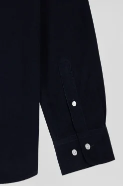 Regular plain navy blue cotton shirt with button-down collar and chest pocket
