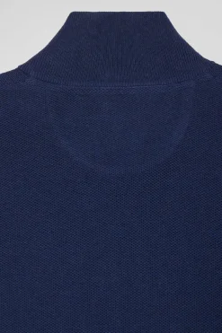 Regular plain navy blue cotton high collar zipped cardigan