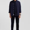 Regular plain navy blue mixed stretch cotton shirt
