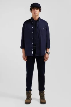 Regular plain navy blue mixed stretch cotton shirt