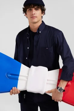 Regular plain navy blue mixed stretch cotton shirt